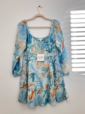 OLIVIA by Livro Cin Cin Blue Coral Reef Mini Dress Cotton Printed Summer Dress S